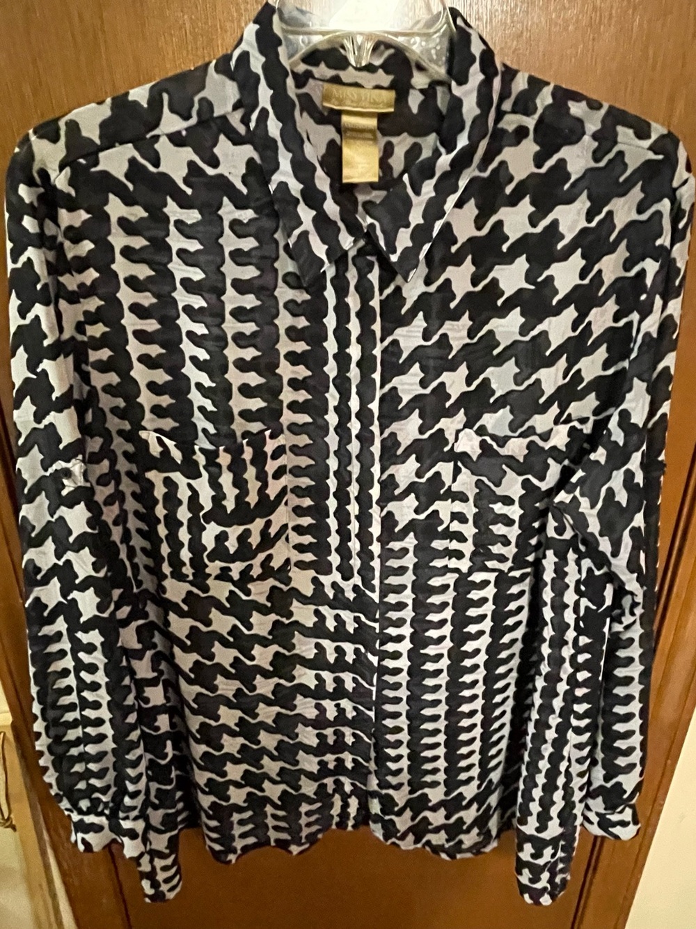 Womens Black & White Houndstooth Button-Up Sheer Blouse